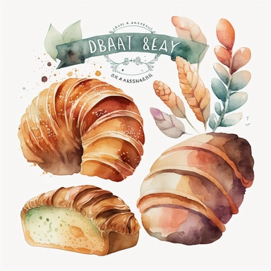 Watercolor clipart featuring freshly baked bread, pastries, croissants, and bagels