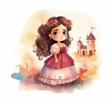 cute adorable little Spanish princess character watercolor clipart, full body, disney, pixar