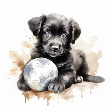 Watercolor puppy playing, with ball that resembles a world globe Clipart - cute puppy , Colour of black and silver, white background, vector art, high definition, clip art, ar 2:2