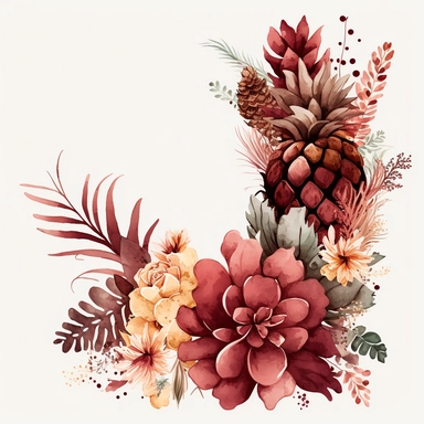 watercolor dusty burgundy floral in the far bottom left corner and far top right coner only, and pineapples in the far bottom left left corner and far up right corner only, clipart, coral, white background, no text