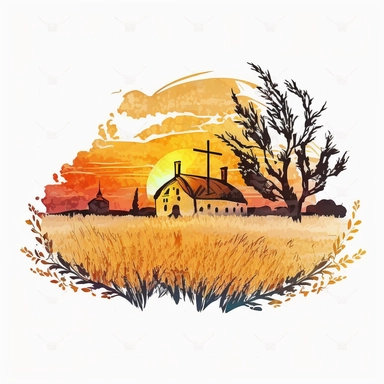 A clipart, A field of wheat crops with a country sunset in the background and a farmhouse, only one clipart, white background, vibrant colors, cartoon,style ghibli, hand drawn, watercolor