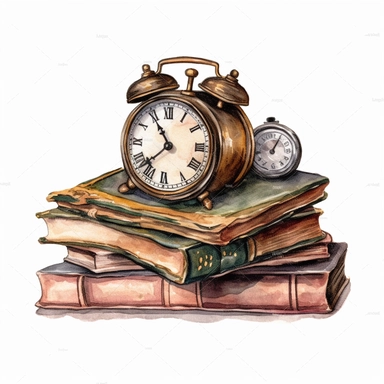 a watercolor a Vintage Alarm Clock with Books Clipart sublimation clipart graphic, full body, clipart, sticker, a single picture, one image in the frame--no text in the picture--