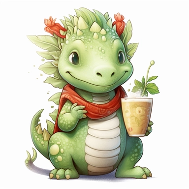 cute funny avocado green girls dragon, red cardigan, milkshake, cute nursery painting, style by Lucy Fleming, watercolor, smooth gradients, black contour outline, ultra detailed, clipart elements, delicate pastel colors, solid white background, super clear, high quality