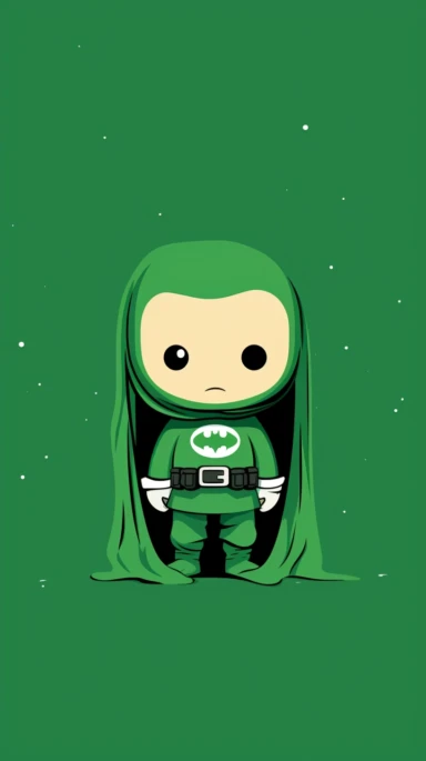 Minimalist white on a green background negative space whimsical cuteness, Batman, flat, vector, clipart, in the style of Skottie Young