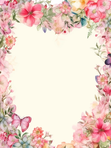 frame for poster, narrow vignette along the sides and the corners of the picture, little cute wild bright clipart flowers like hearts vignette, soff pastel blank center of the picture,