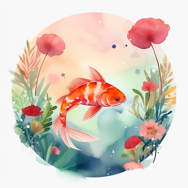Create an adorable watercolor-style illustration of a koi fish pond on a white background, where the koi fish have an irresistibly cute appearance. The watercolor technique should be employed to achieve a soft and dreamy effect, with gentle brushstrokes and subtle color blending that adds to the overall charm. The koi fish should be depicted with chubby bodies, big round eyes, and playful expressions, giving them a lovable and endearing look. The pond should be adorned with lush water plants, su