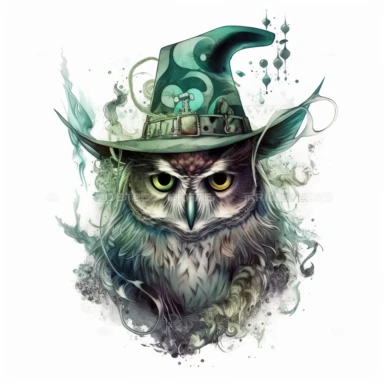 witch owl wearing a witch hat , in the style of mystic mechanisms ,pencil art illustrations, Isolated white background, reimagined by industrial light and magic, lith printing, illusory images, watercolor clipart, very subtle emerald tones, , ,