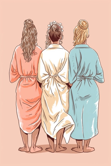 back of bride and bridesmaids on their bathrobe, very happy, clipart, cartoon style