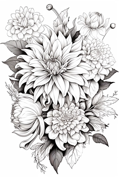 line drawing clipart of tulips and chrysanthemum in black and white