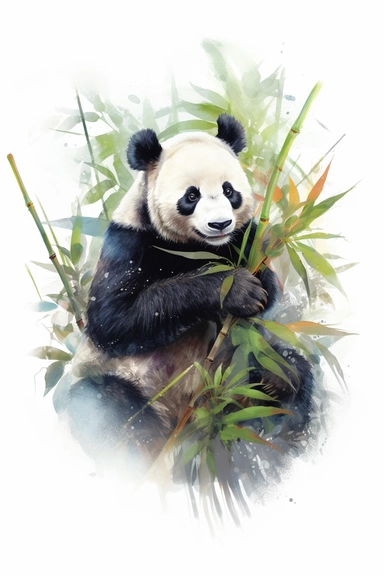 Watercolor panda and bamboo, nature, very vivid colors, highly detailed drawing, white background, clipart, colorful, highly detailed, HD