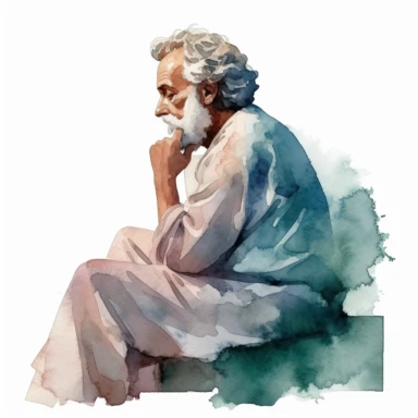 An inspiring watercolor clipart illustration featuring a Greek philosopher, capturing the essence of wisdom and intellectual pursuit. This clipart artwork portrays a philosopher in a serene and contemplative pose, reflecting their deep thoughts and philosophical insights. The watercolor medium adds a soft and ethereal quality to the illustration, with gentle brushstrokes and subtle washes of color that evoke a sense of introspection and enlightenment. The earthy tones and warm hues create a harm
