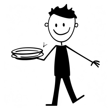 stick figure clipart about a boy stick figure, cute smiling happy, carrying dishes, only black lines, isolated, low details, oneline art, white background,