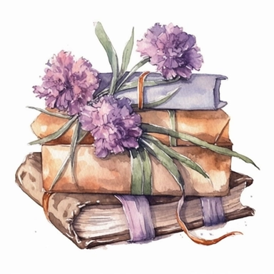 watercolor clipart of beautiful pastel old pile of books wrapped wiith cords and carnation purple flowers ornament, vintage style
