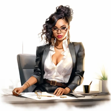 stylish, fashionable black, african american woman in business attire sitting at her desk in a luxurious office clipart, watercolor style, hyper realistic, detailed, white background