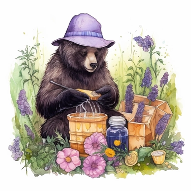 hand drawn black bear that is wearing a beekeeper outfit, smoking the beehive and honey and honeycomb is in crates, bumblebees, purple flowers and grass, very detailed, very realistic, watercolor, clipart style