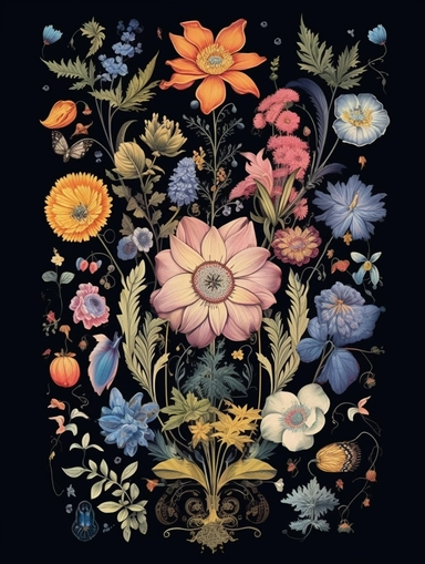 witchy style wildflowers botanical clipart, symmetrical design, decorative motif, folklore