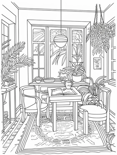An Adult Coloring Book Featuring Fun and Relaxing Interior Home Designs with Beautifully Furnished Rooms and Welcoming Outdoor Spaces, coloring page line art, black and white clipart for coloring page, simple and clean line art, illustration style,
