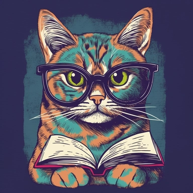 Design an image of a cute cat wearing big glasses and reading a book. The cat should be depicted in a cartoon style, with a curious and studious expression on its face as it reads the book. The glasses should be large and round, and can be decorated with fun patterns or designs. The book can have a colorful cover with a title that relates to cats or reading. The background can be a cozy reading nook with a comfortable chair and a lamp. The design should be simple and 2D, with a white background.