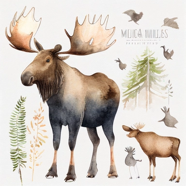 Woodland Animals Clipart Watercolor, cute moose, white background