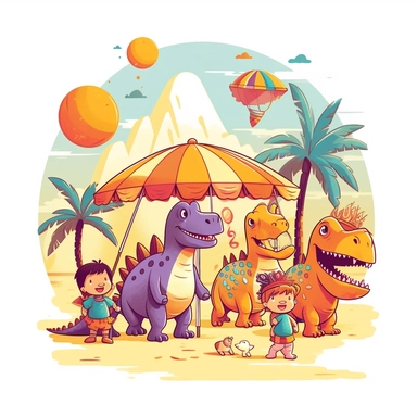 Embark on a prehistoric summer adventure with a delightful clipart illustration featuring cartoon dinosaurs radiating sunny vibes against a clean white background. Picture a group of cheerful dinosaurs engaged in summertime activities, such as playing with water sprinklers, wearing sunglasses, or enjoying ice cream cones. Utilize vibrant colors and playful lines to bring the dinosaurs to life, while incorporating elements like palm trees and beach balls to enhance the summer theme. Let the clipa
