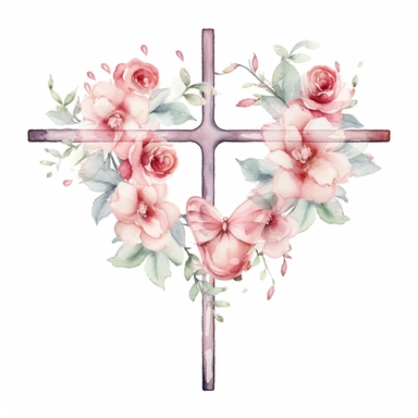 watercolour Cross clipart with hearts and roses, white background, no text