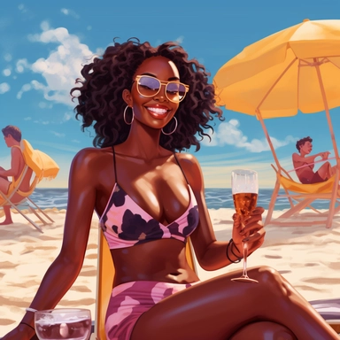 Clipart, full body, modern, young African american woman, brown skin, smiling, in her bright colored bikini, sitting on a sunny beach with a glass of wine in her hand, with people all around enjoying the beach, water and boats on beach, colors of summer, well rendered, hyper realistic, cinematic, 4 k resolution