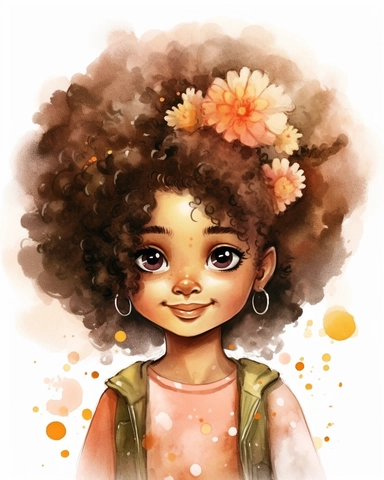 a little afro girl portrait in watercolor Disney style clipart on white background, hugh eyes, sarah kay, holly hobbies, valentines day