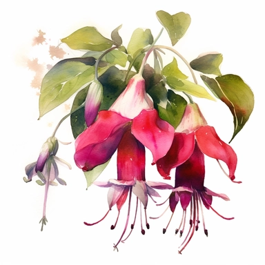 a watercolour painting of a fuchsia flower, in the style of uhd image, dansaekhwa, traditional, flourishing botanicals, exotic, white background, colorful, antique clipart, vibrant intense colors