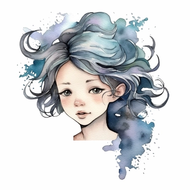 watercolour clipart of a girl, with crazy brawn hair, blue-gray eyes, the sweet and scatterbrained dreamer, with a great sense of humor. She immerses herself in the world of digital design, creating exquisite papers for scrapbook albums. Though she may often forget things, her delicate touch and gentle nature shine through her artistry, make her smiling, exalted mood, white background, 8k, f1