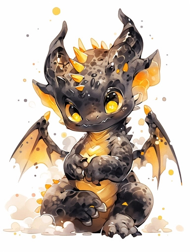 black and yellow cute baby dragon with yellow eyes, two horns and two golden wings, clipart, detailed watercolor style, white background