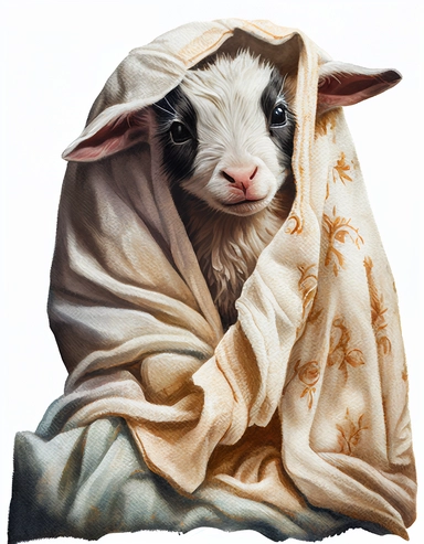 baby goat in a blanket, watercolor clipart, transparent background