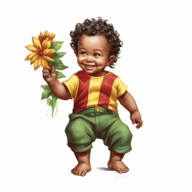 Happy baby juneteenth boy with red, green, yellow cloths and flower, full body, hand draw Illustration clipart, 4K, extremely detailed