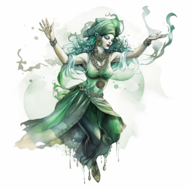 A beautiful witch wearing emerald necklace dancing, in the style of mystic mechanisms ,pencil art illustrations, Isolated white background, reimagined by industrial light and magic, lith printing, illusory images, watercolor clipart, very subtle emerald tones
