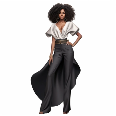 Create clipart featuring white background a full-body black girl runway pose, of a beautiful,designers clothing