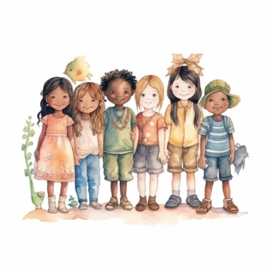 watercolor style, children standing together, from multiple cultures: european, african american, asian american, latino, indian, japanese, mexican, clipart, isolated on white background, 4K