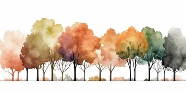 a deco border of trees, clipart on white back ground, fall pastel watercolor
