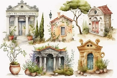 Very cute and Whimsical antique houses of Athens, ancient Greece, Parhenon, colorful, Watercolor, clip art, white background,