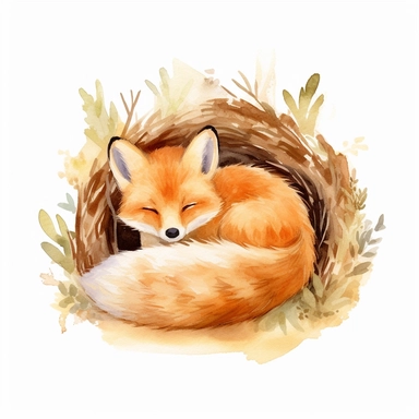 cute friendly watercolor fox cub sleeping in a warm den, with its paws tucked under its chin clipart svg in warm colors isolated on a white background
