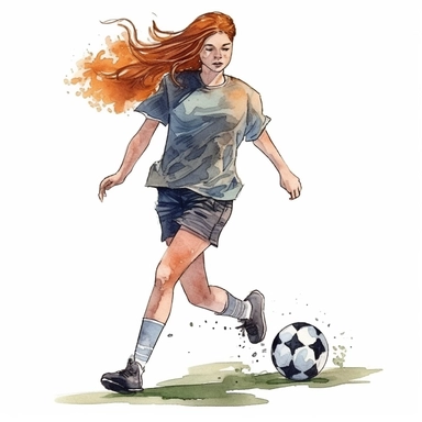 Watercolour of a teenage girl playing football , Clipart,Cartoon,hyper realistic, intricate detail isolated on a white background, high quality, sublimation, detailed, cartoon style