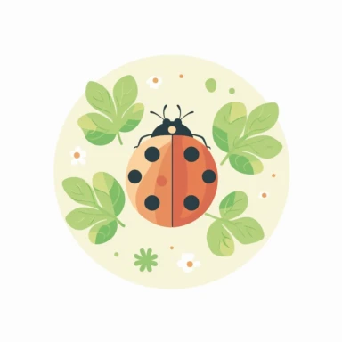 good luck sign, clipart, no background, ladybug on a clover-leaf, simple graphic, vektor graphic, minimal colours, positive colours, positive vibes, round shapes, ladybug with six dots on back