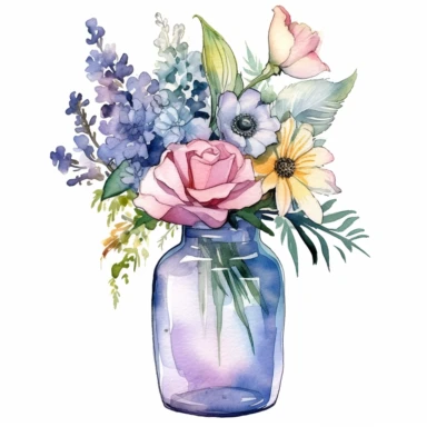clipart vase of flower, the vase is made of clear glass, inside the vase there should be spray roses in full bloom , calla, dahlia, baby's breath, bells of ireland, larkspur, orchid, with eucalyptus leaves, add magical elements and shadows at the bottom, watercolour, high quality, HD,