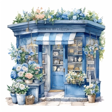 watercolor, hyper realistic, white background, white margins, 16k, ultra detailed clipart, cut out image, hand-drawn french flower shop, watercolor by alexandra francesk, in the style of light cyan and dark blue, jean restout the younger, joong keun lee, charming character illustrations, happenings, en plein air, chalk art