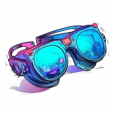 futuristic cyberpunk A pair of augmented reality glasses with lenses that glow in blue, neon colors, clipart, cartoon style, grunge effect, schematic, pastel color palette, gamer item, very high quality, perfect details, ultra clear lines, isolated on white background