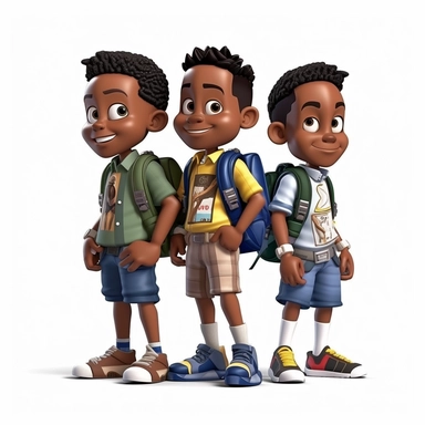3D toy young 3 happy black boys wearing a backpack with a school uniform outfit in the style of boondocks in the style of marvel comics cartoon with white background can't believe how beautiful this is clipart, graphic vector, isolated on white background