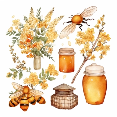 Watercolor honey bee clipart in isolated white background, beehives and flower arrangements, spring garden bee and honey drops, casks and jars of honey, in the style of luxurious fabrics, golden and red hues, colorful, storybook-like, bloomcore, gold leaf accents, precis thin lines, pastoral charm, digital print, beatrix potter, high quality, ultra detailed