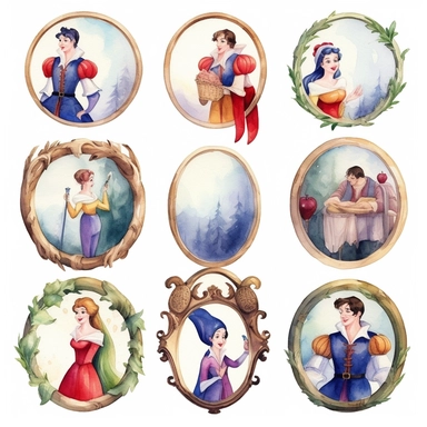 Watercolor snowwhite , illustrations clipart set, simple , cartoon elements, fairy tale theme and elements, different characters, handsome blonde prince, the huntsman, the evil queen, mirror, different variants , , separate elements with a margin