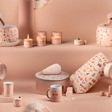 An image filled with loving, homely items that symbolize motherhood, such as a steaming coffee mug, a calming candle, a comfy pillow, and a heart-shaped pendant, all crafted in a paper-cut style. Each item interlinks seamlessly, set against a soft, pastel-toned backdrop, creating an enchanting pattern that encapsulates the warmth and care associated with a mother's love. in Clipart style