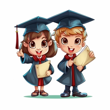 boy and girl wearing a graduation gown and cap, holding a sign of graduates in clipart cartoon style