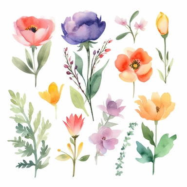 watercolor clipart of flowers, single design, 8k