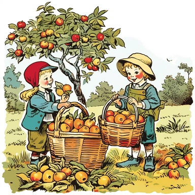Two Children Picking Apples - Clipart depicting two children picking apples in an autumn orchard.